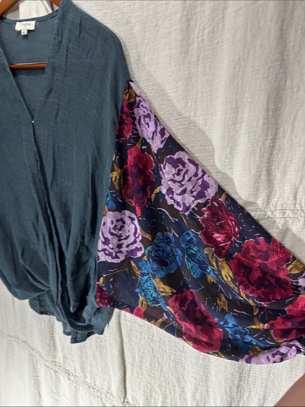 Umgee Teal Boho Wrap Blouse with Sheer Multicolor Floral Balloon Sleeves Small - Picture 4 of 9